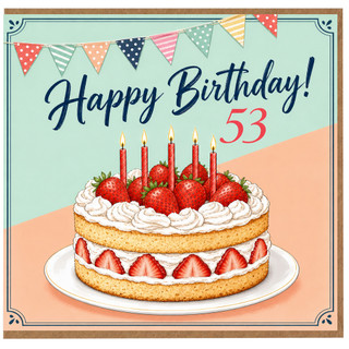 53rd Birthday Card, Happy Birthday Cake and Bunting Design