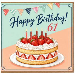 61st Birthday Card, Strawberry Cake Happy Birthday Card