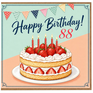 88th Birthday Card, Happy Birthday Cake and Bunting Design