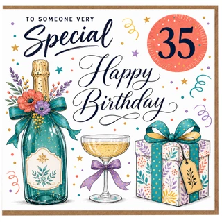 35th Birthday Card, Special Happy Birthday Card with Champagne Bottle and Gift Design