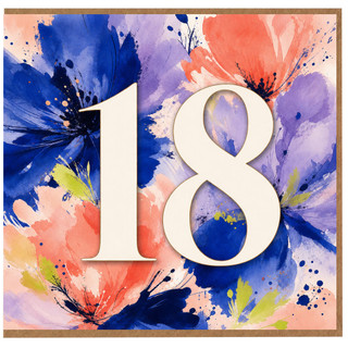 18th Birthday Card, Floral Watercolour Number 18 Greeting Card