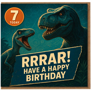 Dinosaur 7th Birthday Card for Kids - T-Rex and Raptor Design - RRRAR! Have a Happy Birthday - Age 7 Today - Fun Children's Card