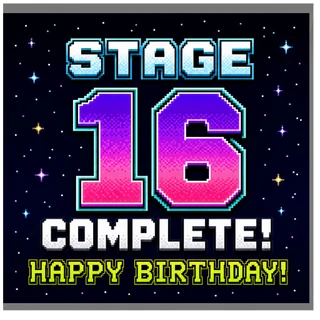 16th Birthday Card, Stage 16 Complete Retro Gamer Birthday Card