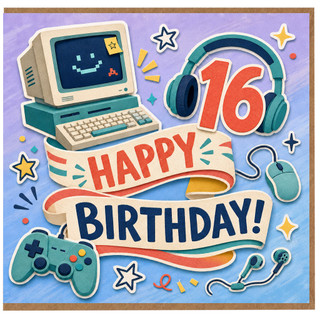 16th Birthday Card, Retro Gaming Happy Birthday Card