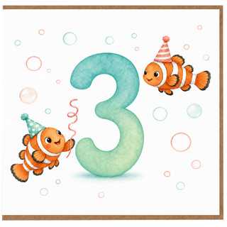 3rd Birthday Card, Cute Clownfish Party Card