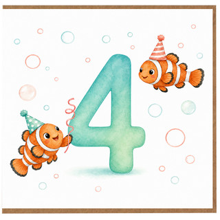4th Birthday Card, - Cute Clownfish Number 4 Party Design