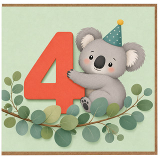 4th Birthday Card, Cute Koala Party Hat Design
