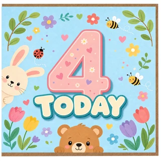 4th Birthday Card, Cute Pastel Bunny and Bear Today Card
