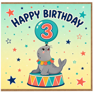 3rd Birthday Card, Cute Seal Circus Balloon Happy Birthday Card