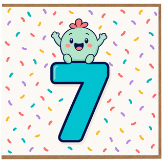 7th Birthday Card, Cute Cartoon Number 7 Confetti Design