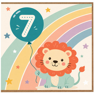 7th Birthday Card, Cute Lion Rainbow Birthday Card