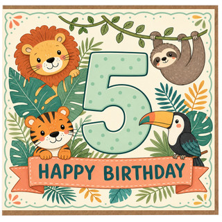 5th Birthday Card, Jungle Animals Happy Birthday Card