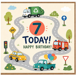 7th Birthday Card, Cute Vehicles Happy Birthday Card