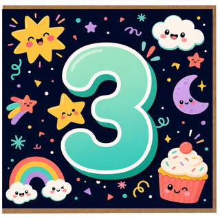 3rd Birthday Card, Cute Number 3 Party Design