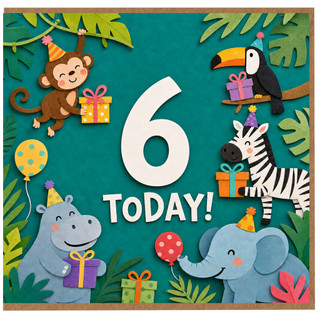 6th Birthday Card, Jungle Animals Party Card, Today!