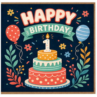 1st Birthday Card, Happy Birthday Cake and Balloons Greeting Card