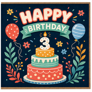 3rd Birthday Card, Happy Birthday Cake and Balloons Card