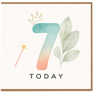7th Birthday Card, Seven Today Card with Crown and Leaves
