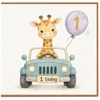 1st Birthday Card, Cute Giraffe in Car with Balloon