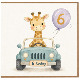 6th Birthday Card, Cute Giraffe in Jeep 6 Today Card