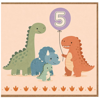 5th Birthday Card, Cute Dinosaur Family with Number 5 Balloon