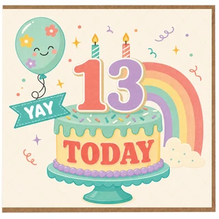 13th Birthday Card, Cute Rainbow Cake YAY Today Card