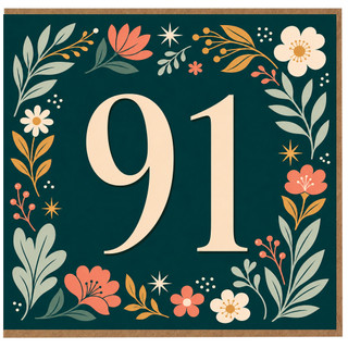91st Birthday Card, Floral Number 91 Card