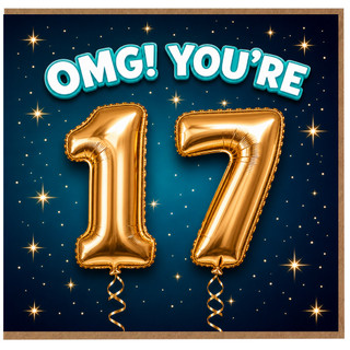 17th Birthday Card, OMG You're 17 Gold Balloon Starry Design