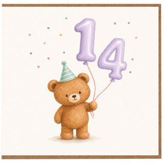 14th Birthday Card, Cute Teddy Bear Party Hat Design