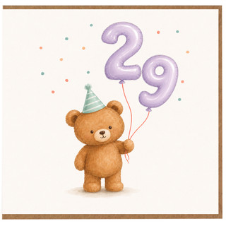 29th Birthday Card, Cute Teddy Bear with Number Balloons