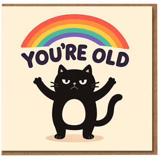 Funny Birthday Card - Grumpy Black Cat and Rainbow - 'You're Old' Humour - Cheeky Banter Card for Friends, Him or Her