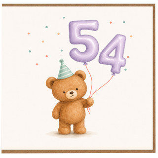 54th Birthday Card, Cute Teddy Bear with Balloons and Party Hat