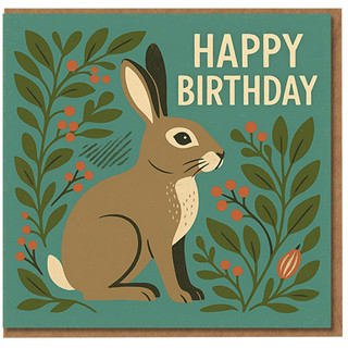 Happy Birthday Card - Hare Rabbit Illustration with Berries - Nature Inspired Cute Animal Greeting - Blank Inside - For Friends and Family