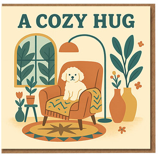 A Cosy Hug Thinking of You Card - Cute Dog in Armchair Comfort Design, Support and Get Well Wishes for Friends & Family