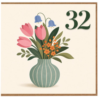 32nd Birthday Card, Floral Vase Design