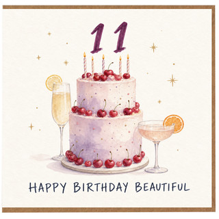 11th Birthday Card, Happy Birthday Beautiful Cake and Cherries Card