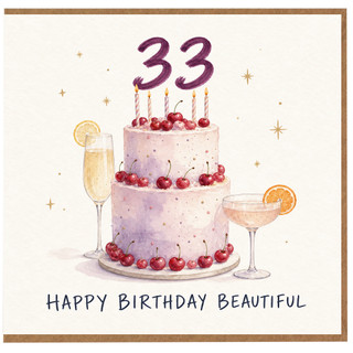 33rd Birthday Card, Beautiful Happy Birthday Card with Cake and Cherries