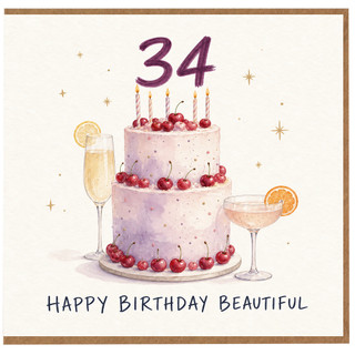34th Birthday Card, Happy Birthday Beautiful Cherry Cake Design