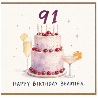 91st Birthday Card, Happy Birthday Beautiful Cake and Cherries Card