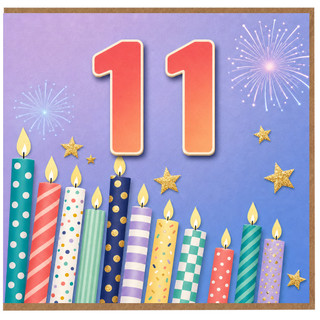 11th Birthday Card, Colourful Candles, Stars and Fireworks Design