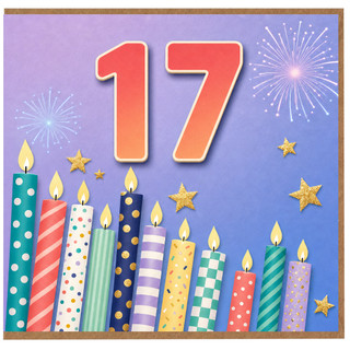 17th Birthday Card, Colourful Candles and Fireworks Design