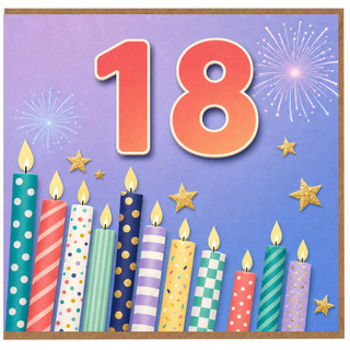 18th Birthday Card, Colourful Candles and Fireworks Design