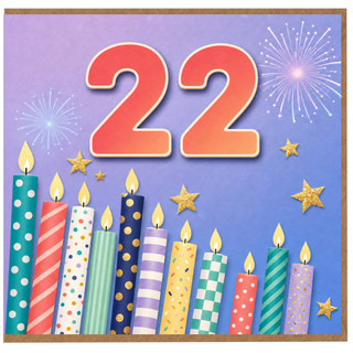 22nd Birthday Card, Bright 22 Birthday Card with Candles and Fireworks