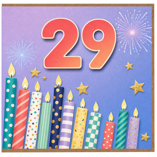 29th Birthday Card, Colourful Candles and Fireworks Celebration Card