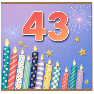 43rd Birthday Card, Colourful Candles and Fireworks Design