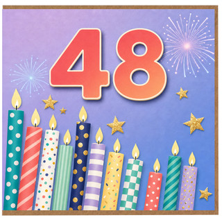 48th Birthday Card, Colourful Candles and Fireworks Design