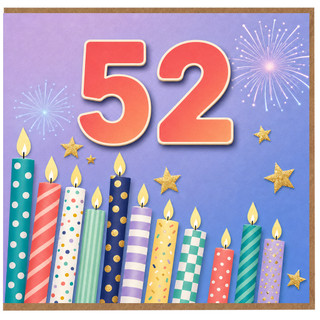 52nd Birthday Card, Colourful Candles, Stars and Fireworks Design