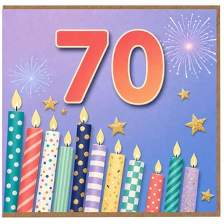 70th Birthday Card, Colourful Fireworks and Birthday Candles Design