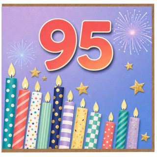 95th Birthday Card, Colourful Candles and Fireworks Design