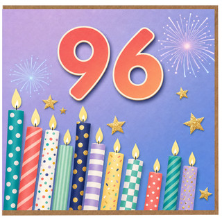 96th Birthday Card, Colourful Candles and Fireworks Design